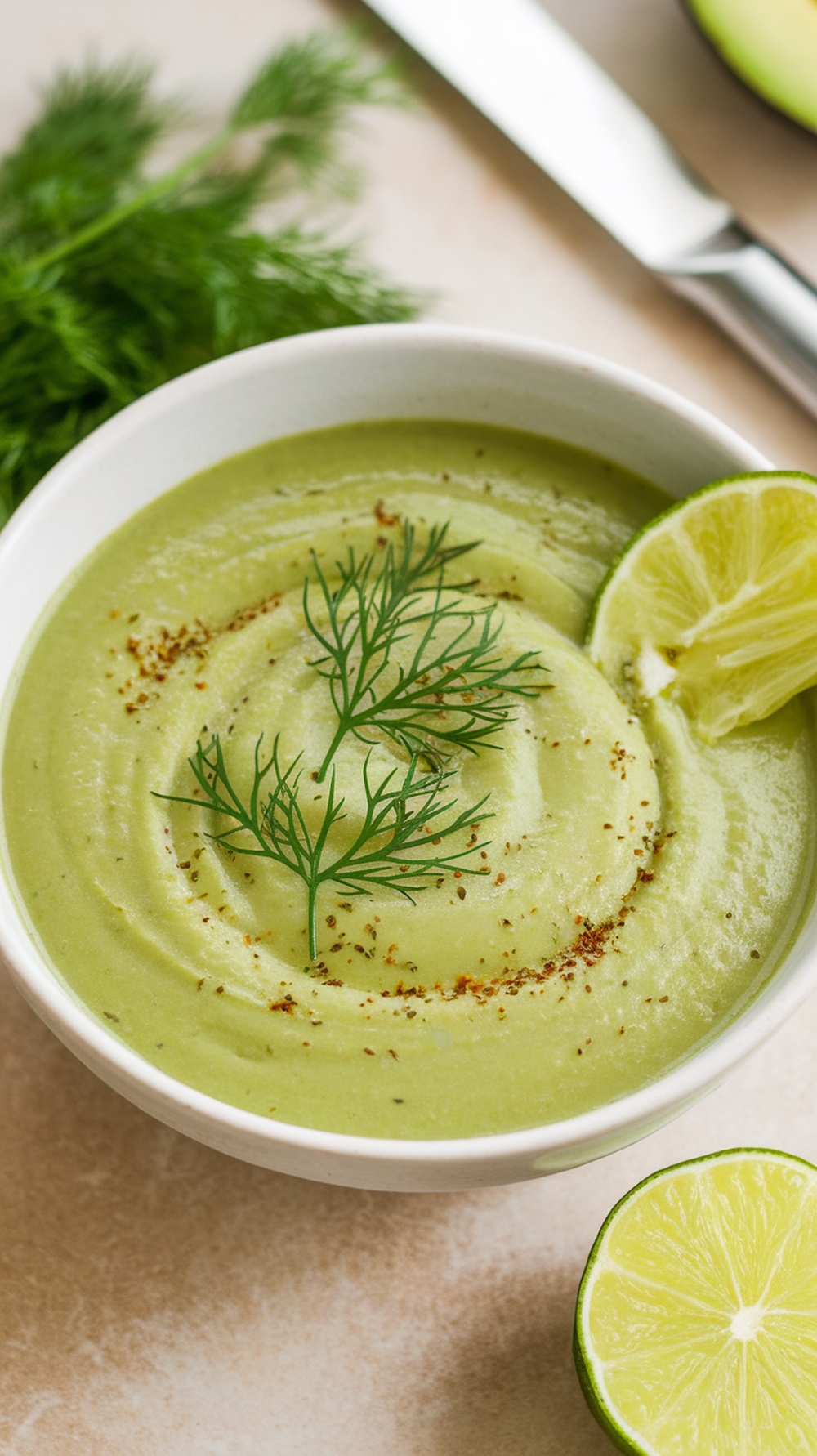 A bowl of chilled cucumber and avocado soup garnished with dill and lime slices.