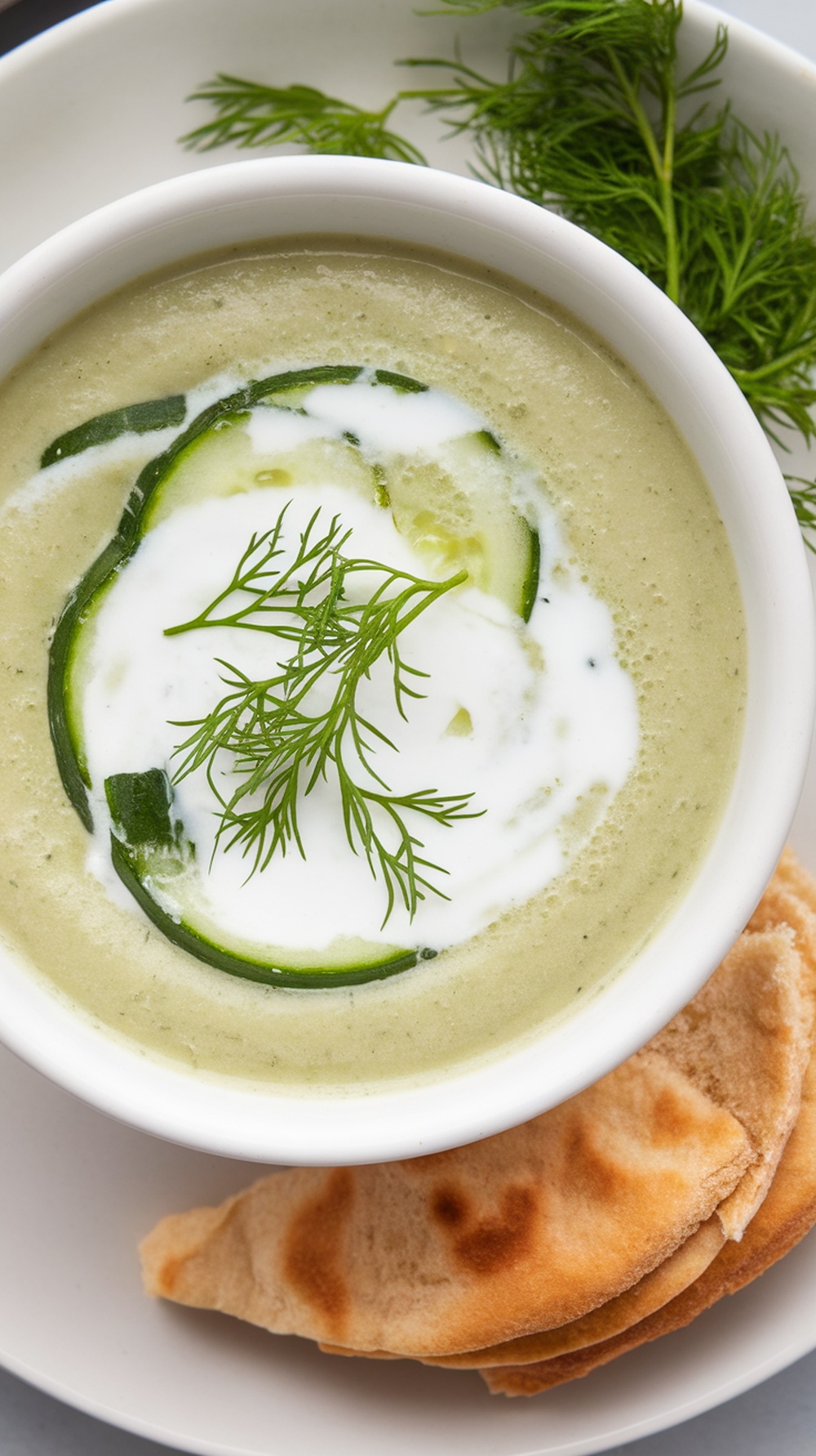 A bowl of chilled cucumber and yogurt soup with cucumber slices and dill on top, served with pita bread.