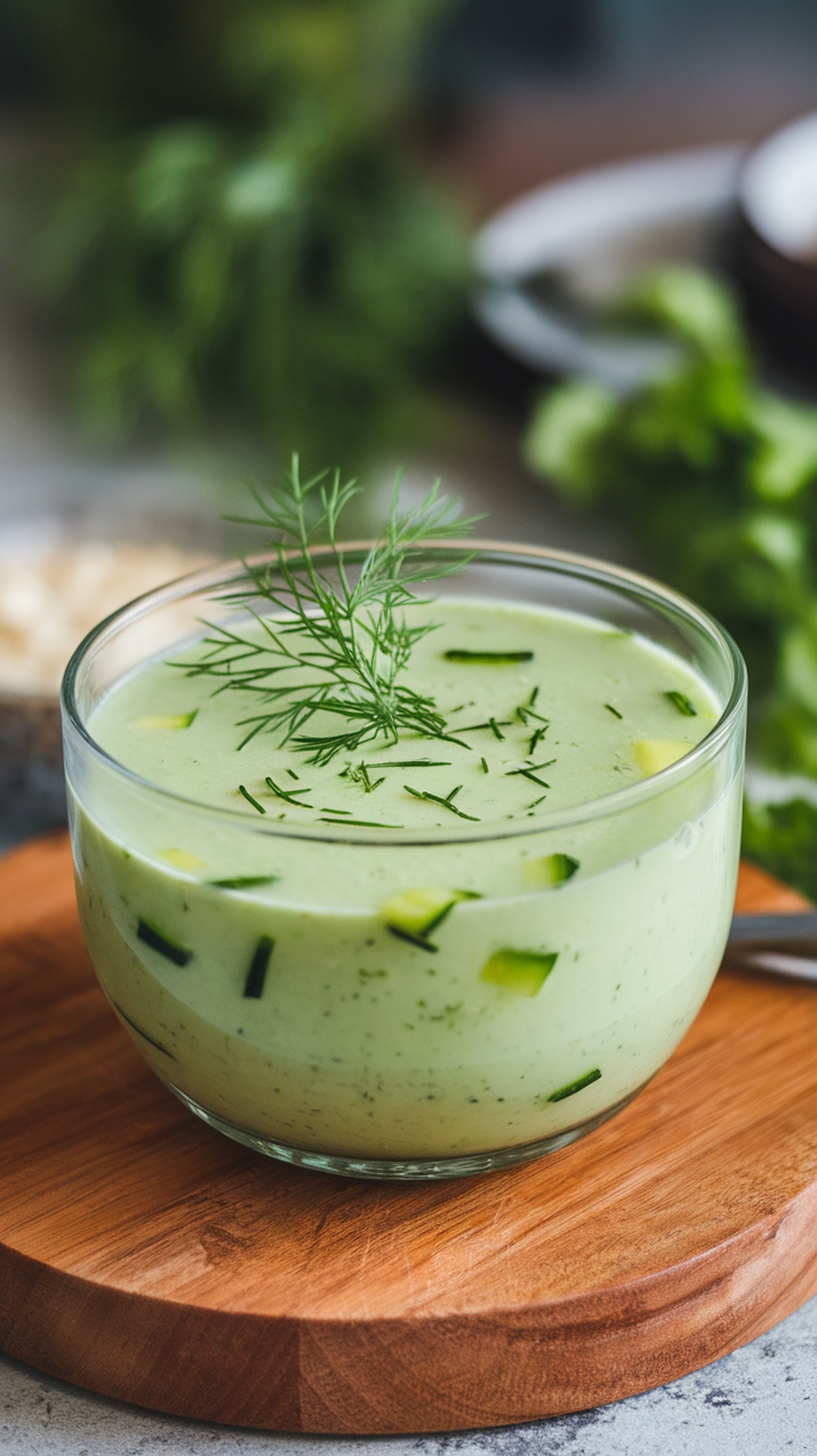 A bowl of chilled cucumber soup garnished with dill on a wooden board.