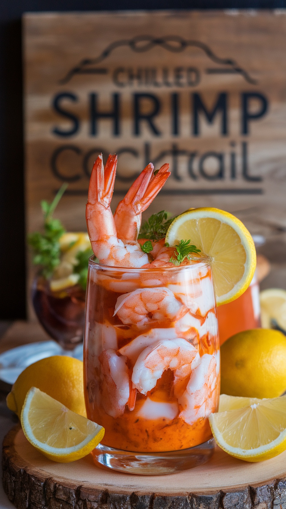 A glass of chilled shrimp cocktail garnished with lemon and parsley.