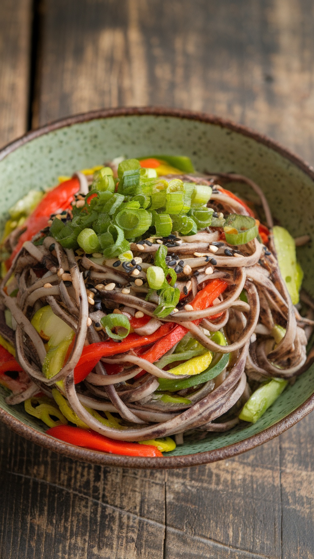 Chilled Soba Noodle Salad with colorful vegetables and sesame dressing in a bowl.