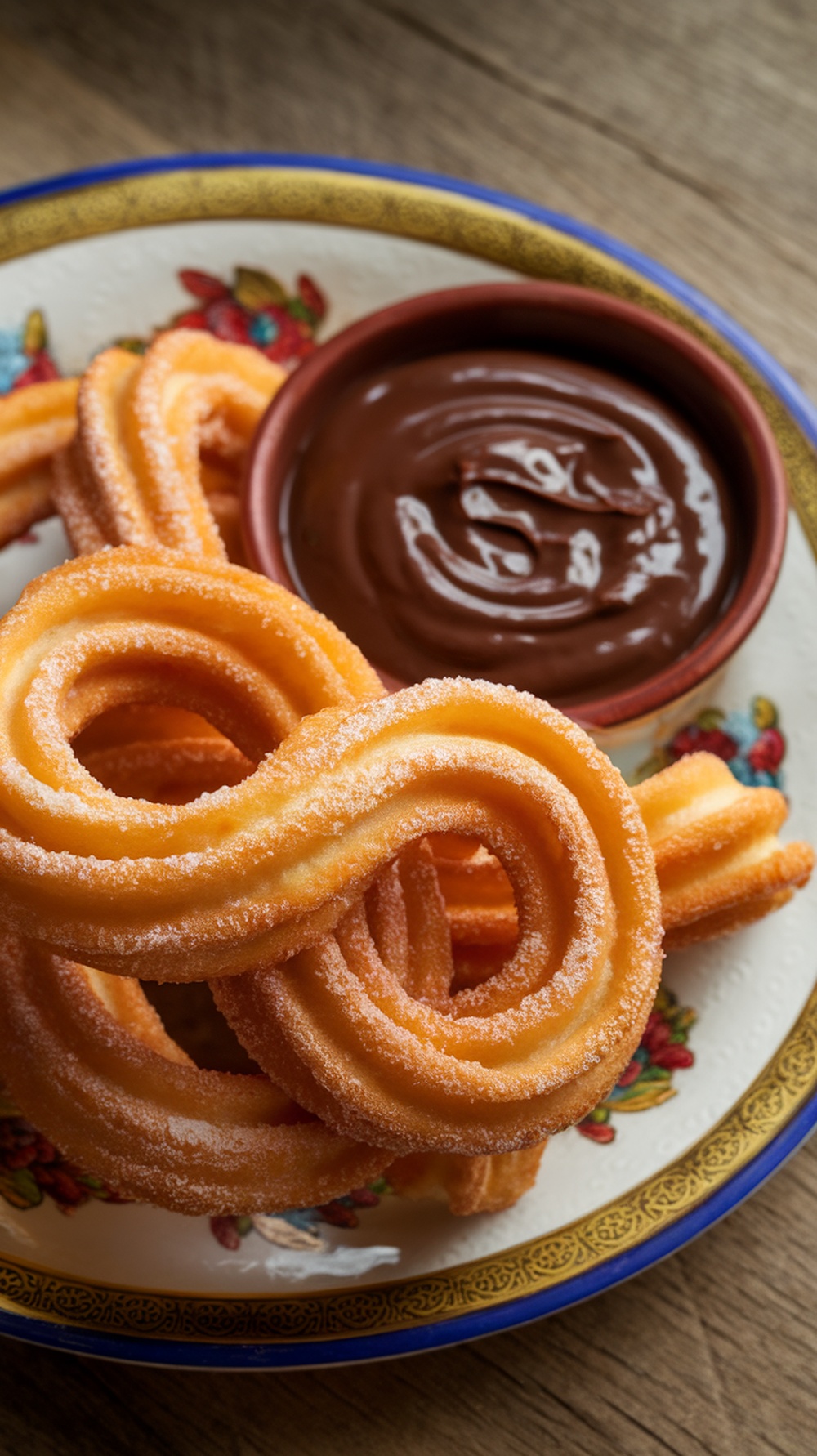 A plate of churros with a small bowl of chocolate sauce