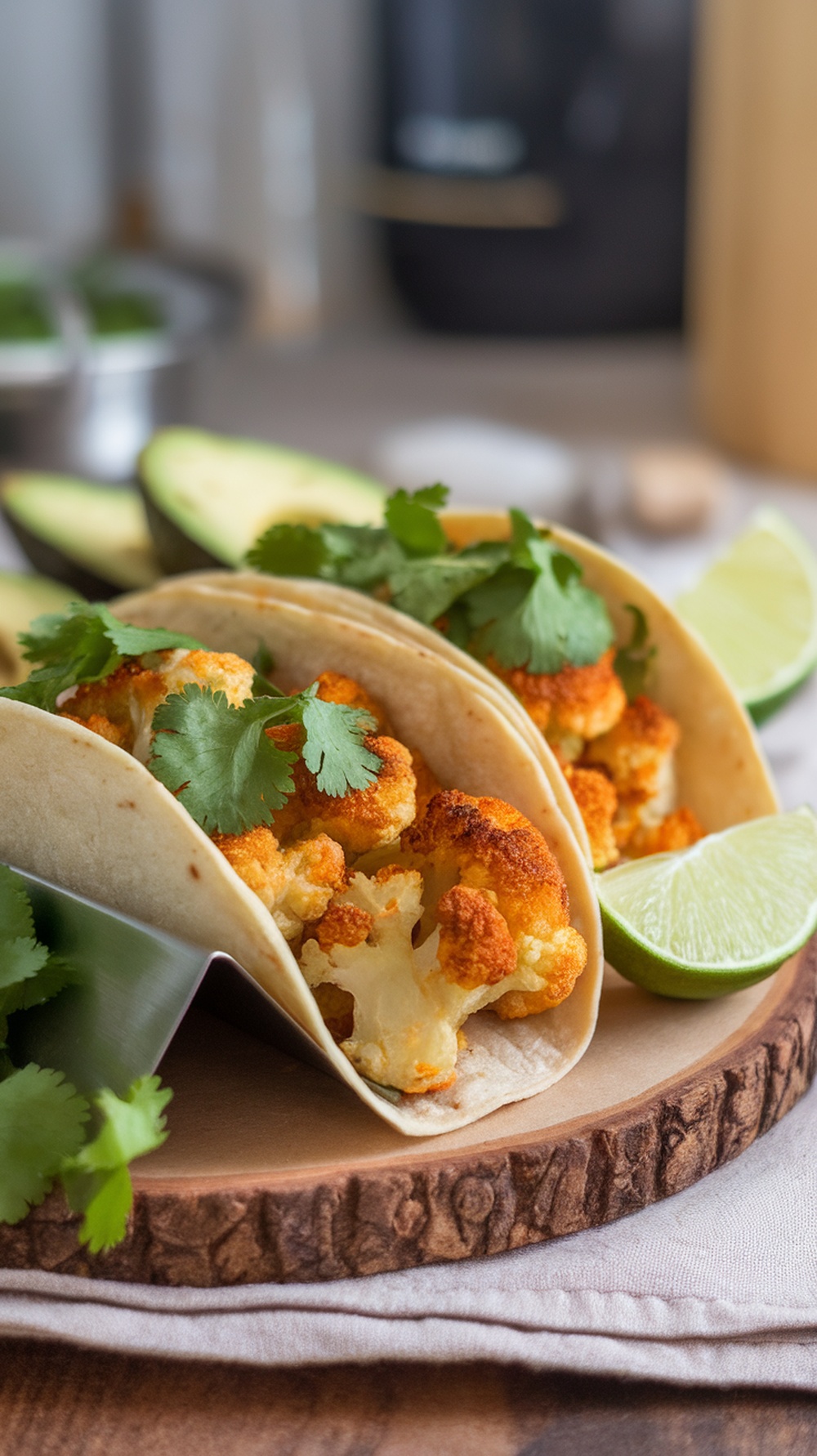 Cilantro Lime Cauliflower Tacos with lime wedges and fresh cilantro