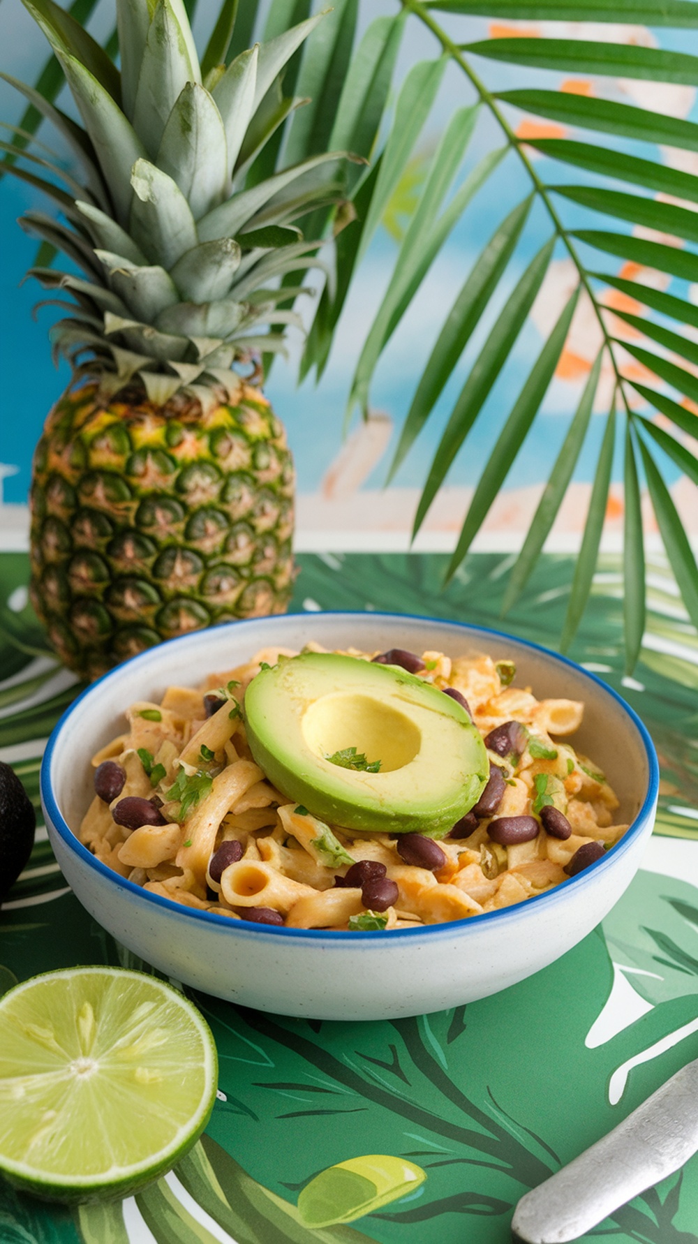 A bowl of cilantro lime pasta with black beans, topped with avocado, surrounded by lime and a pineapple.