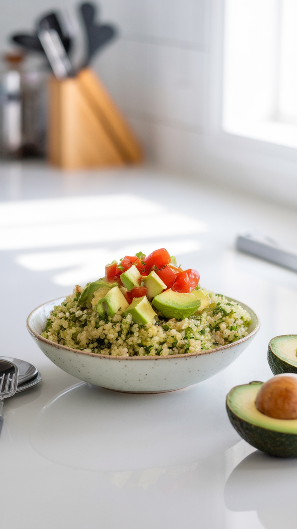 A bowl of cilantro lime quinoa topped with avocado and tomatoes, with avocados on the side.