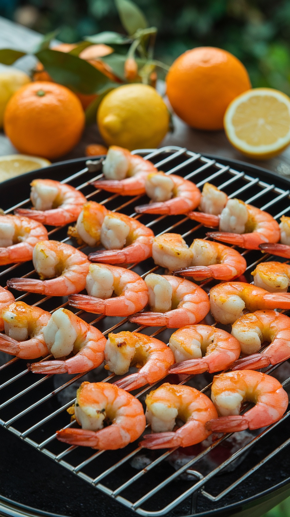 Grilled shrimp skewers with citrus fruits in the background
