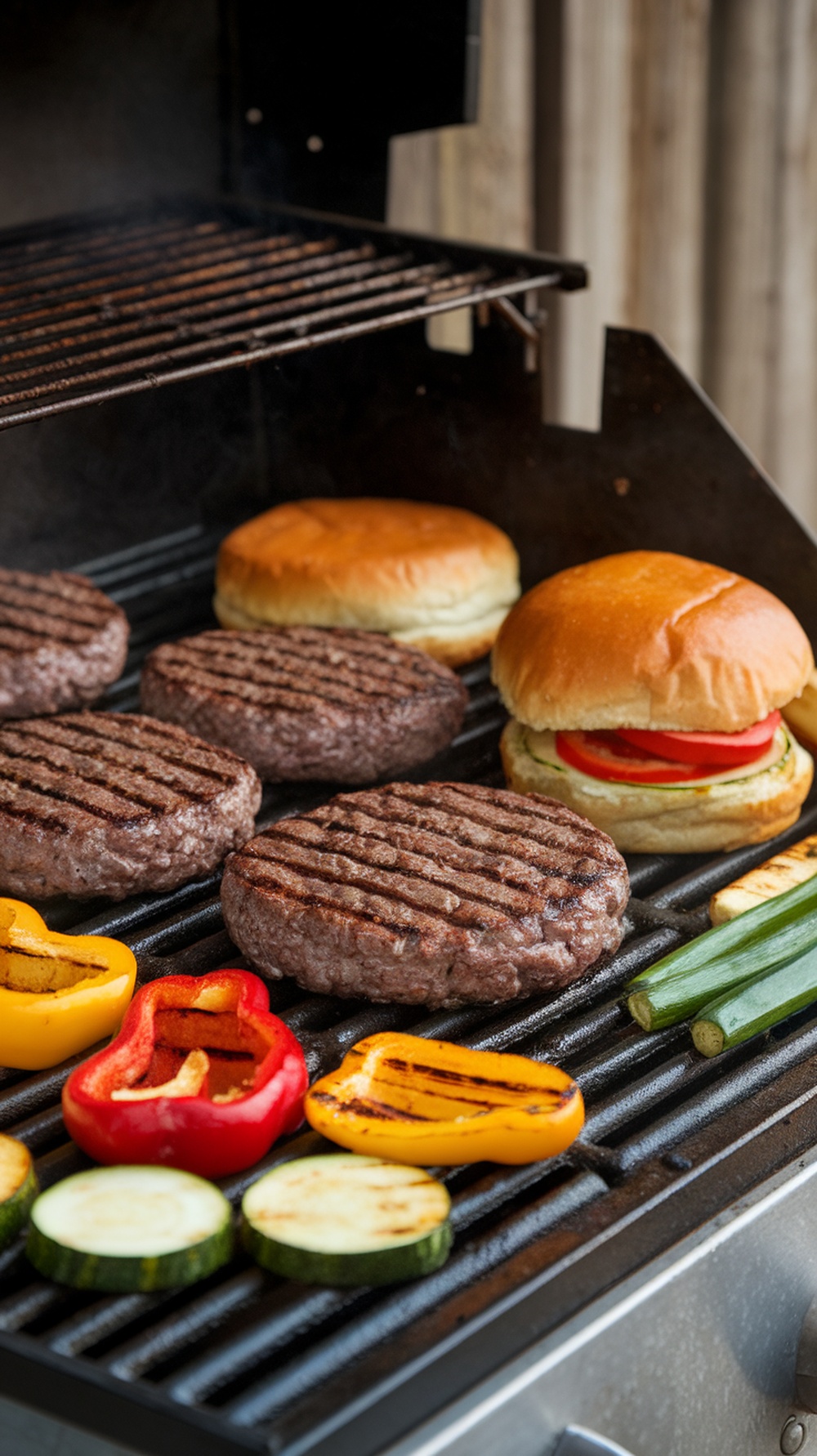 Grilled beef burgers with vegetables on a barbecue grill