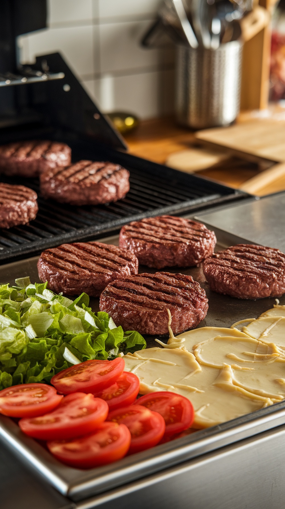 Grilled beef burgers with toppings like lettuce, tomato, and cheese on a grill
