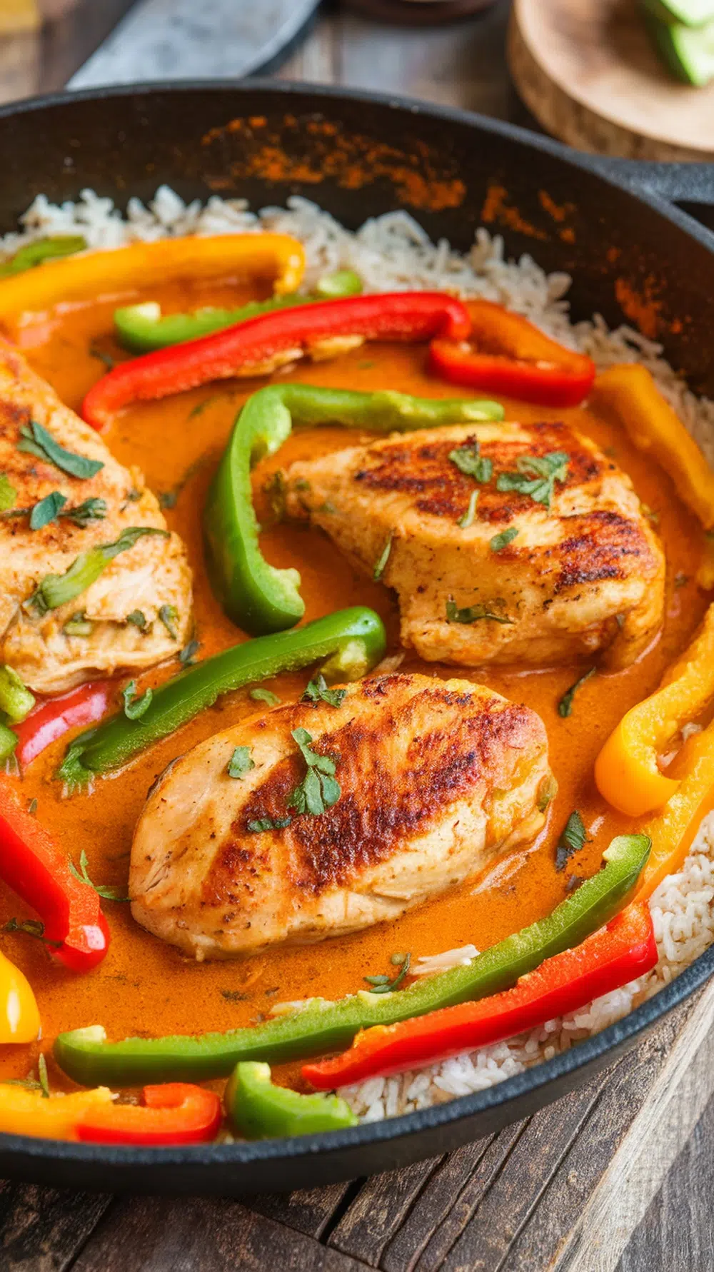 A delicious Coconut Curry Chicken Stir-Fry with colorful bell peppers and creamy sauce.