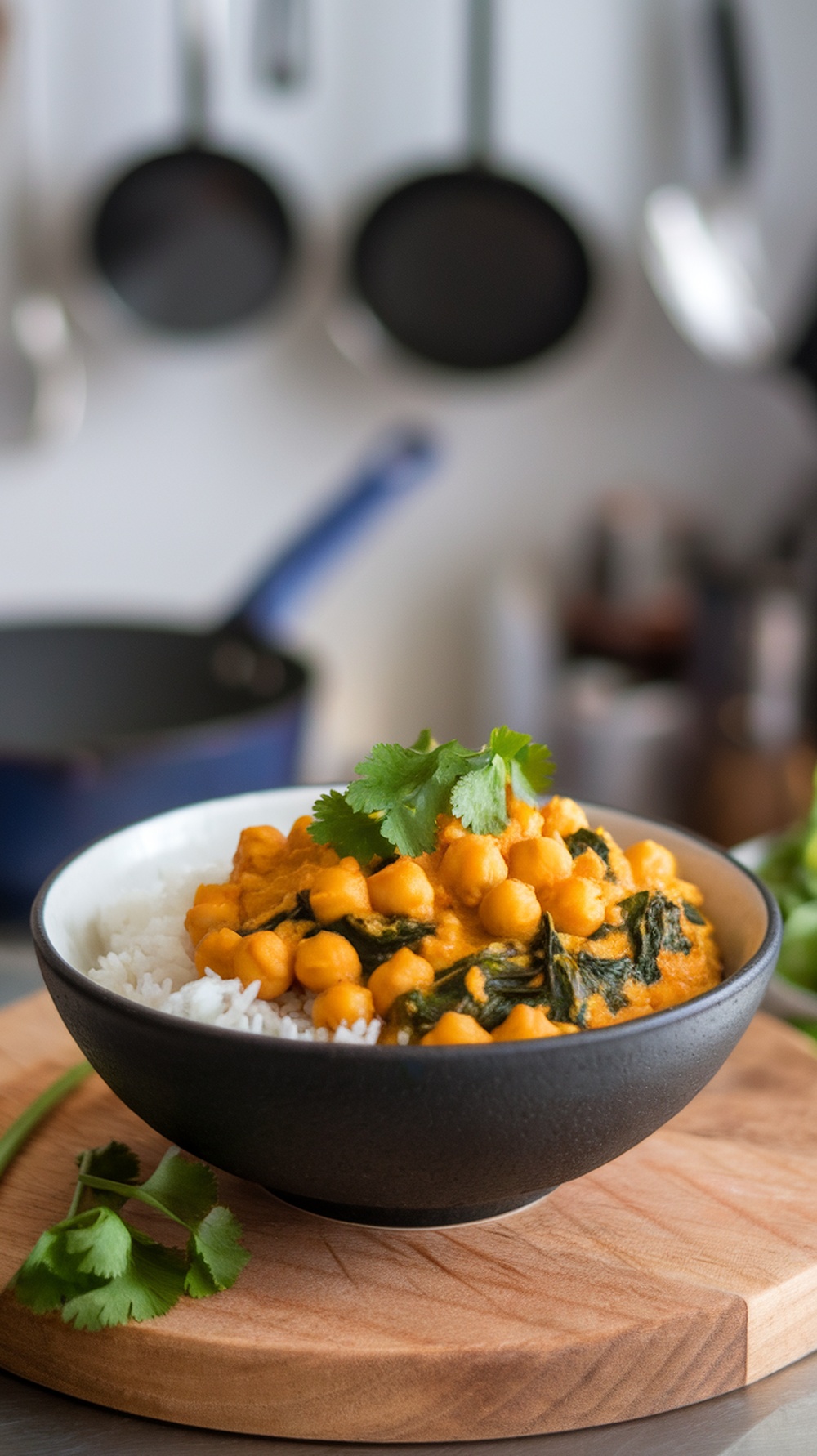 A bowl of Coconut Curry Chickpeas with Spinach served over rice, garnished with cilantro.