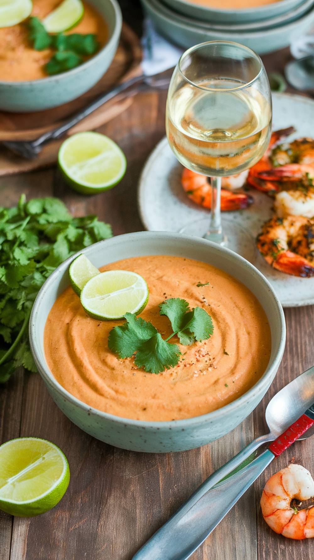A bowl of Coconut Curry Gazpacho topped with cilantro and lime wedges, served with a glass of white wine and grilled shrimp on the side.