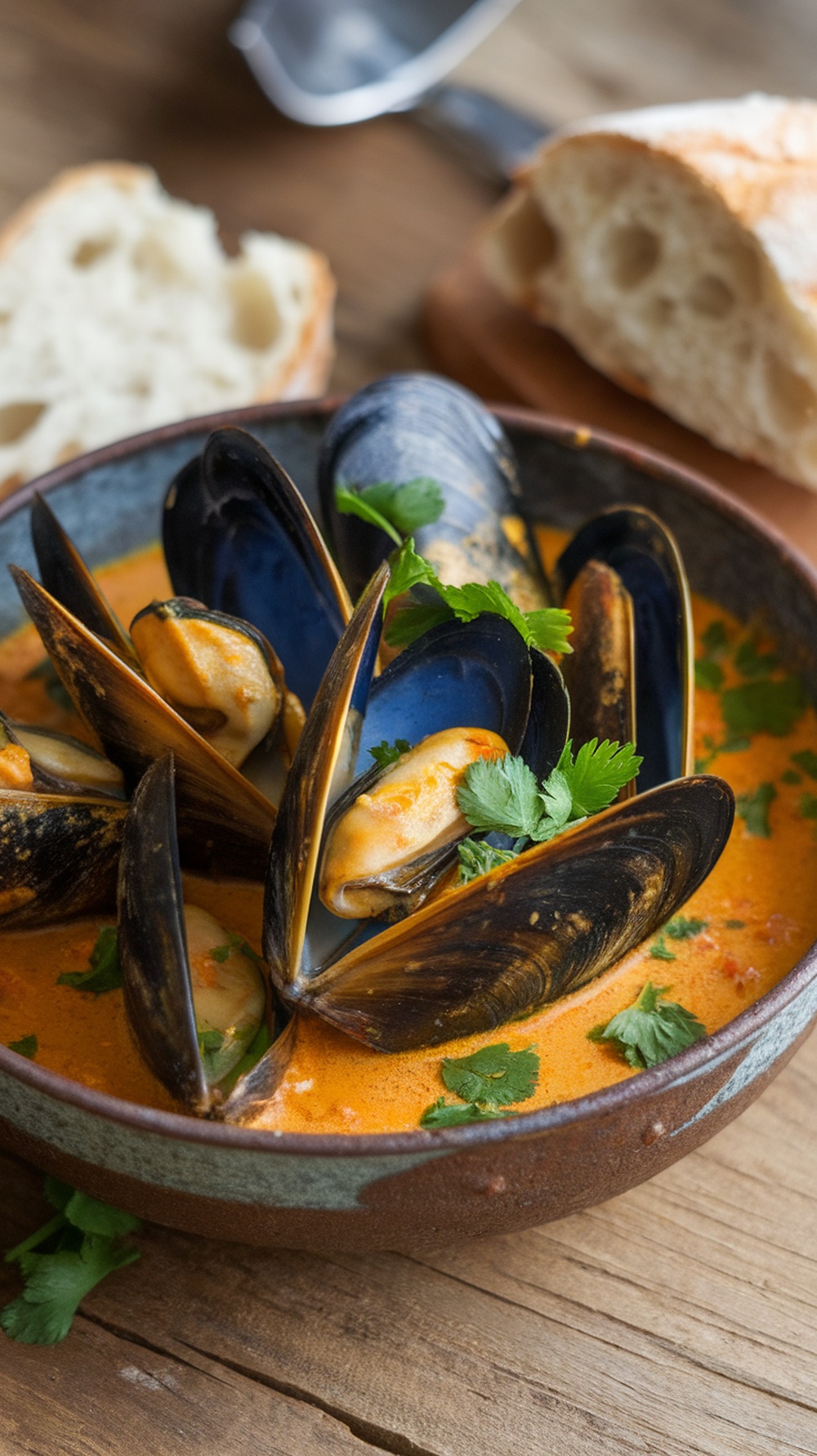 A bowl of coconut curry mussels garnished with cilantro, served with crusty bread.