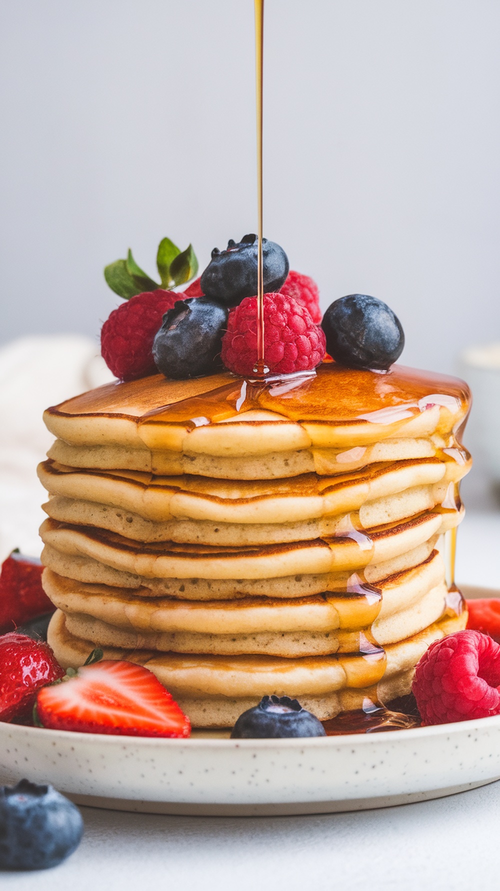 A stack of coconut flour pancakes topped with fresh berries and syrup.