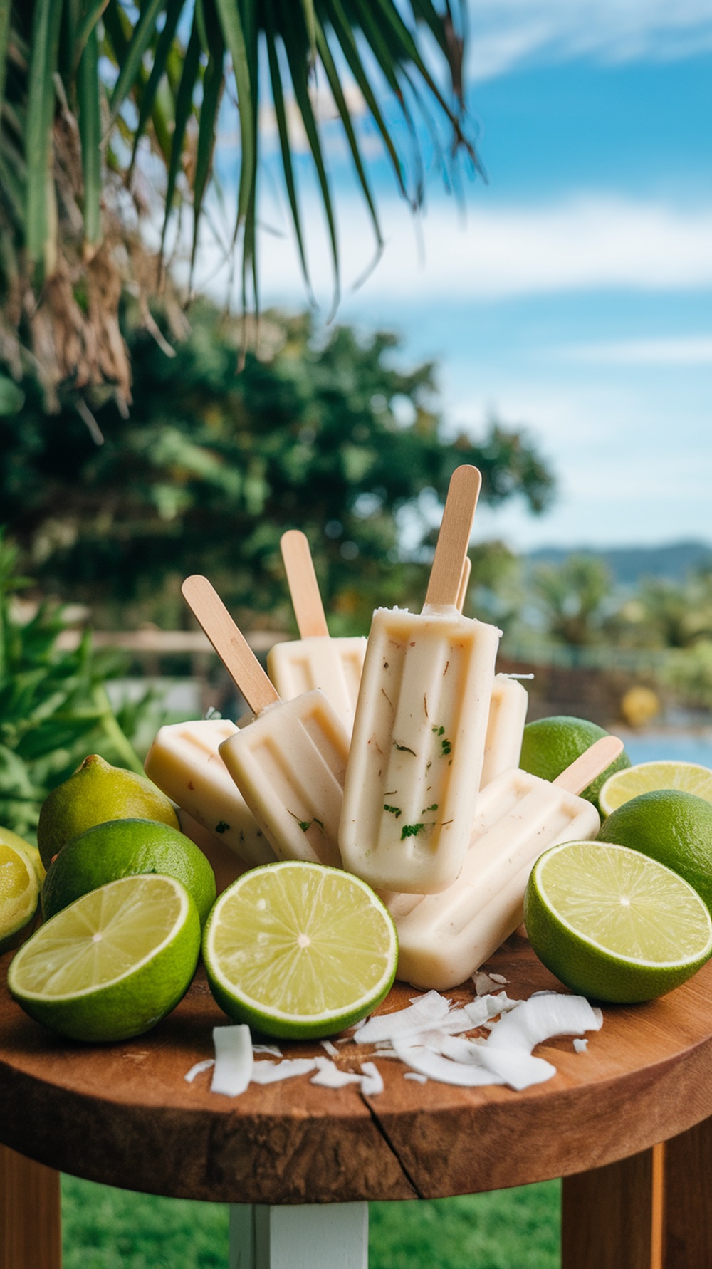 Coconut lime popsicles on a wooden table with fresh limes and coconut flakes