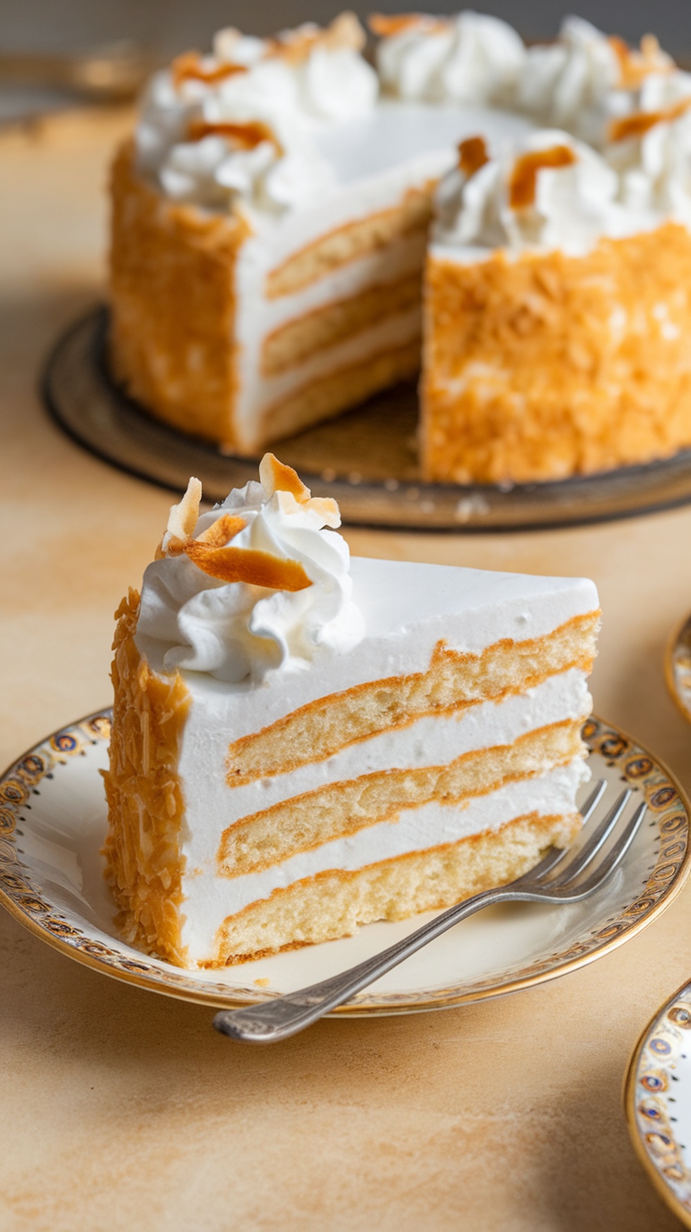 A slice of Coconut Tres Leches Cake on a decorative plate with a fork, showcasing layers and whipped cream topping.