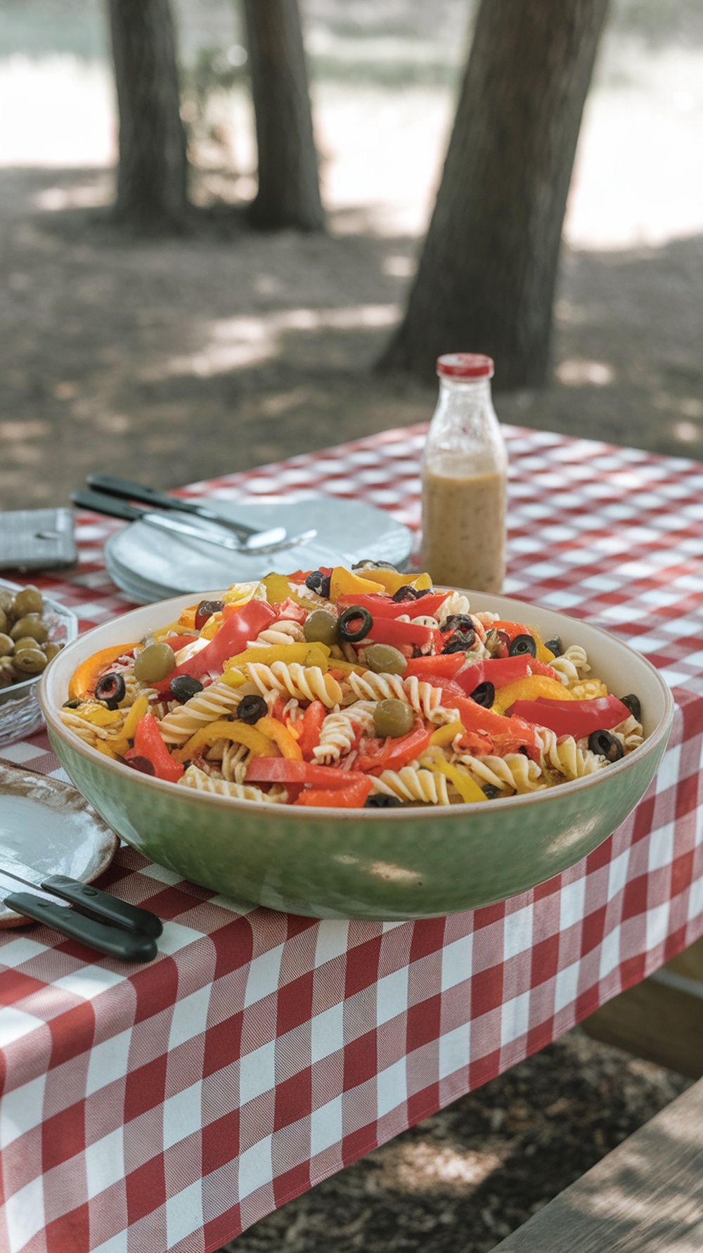A colorful bowl of cold pasta salad with Italian dressing on a checkered tablecloth.
