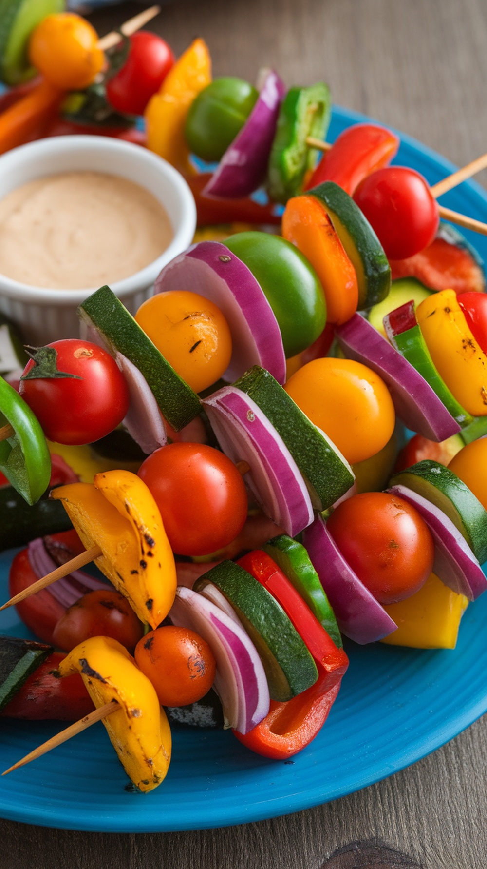 Colorful veggie skewers with a variety of vegetables and a dipping sauce