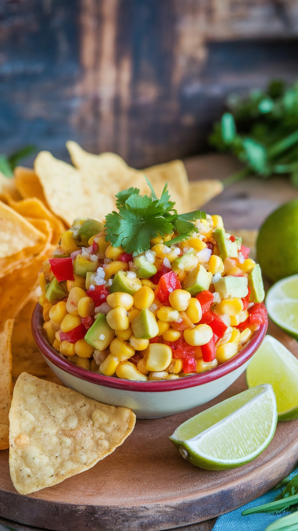 A bowl of corn and avocado salsa with tortilla chips and lime wedges on the side.