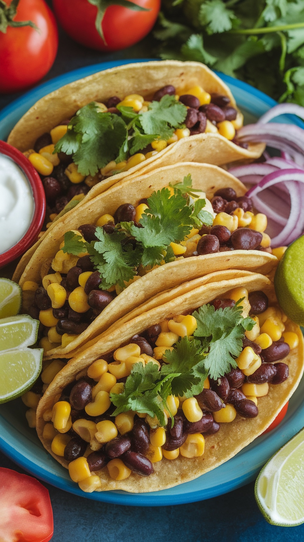 Delicious corn and black bean tacos topped with cilantro and served with lime wedges.