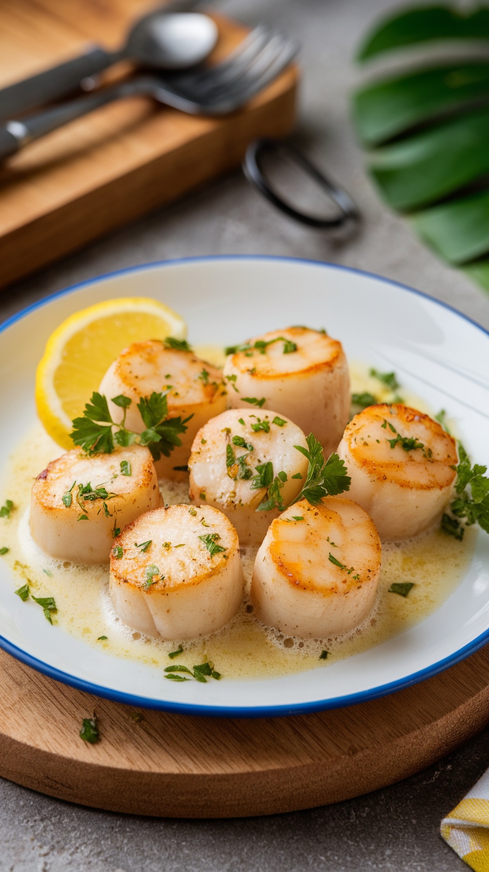 A plate of creamy garlic butter scallops garnished with parsley and lemon slices.