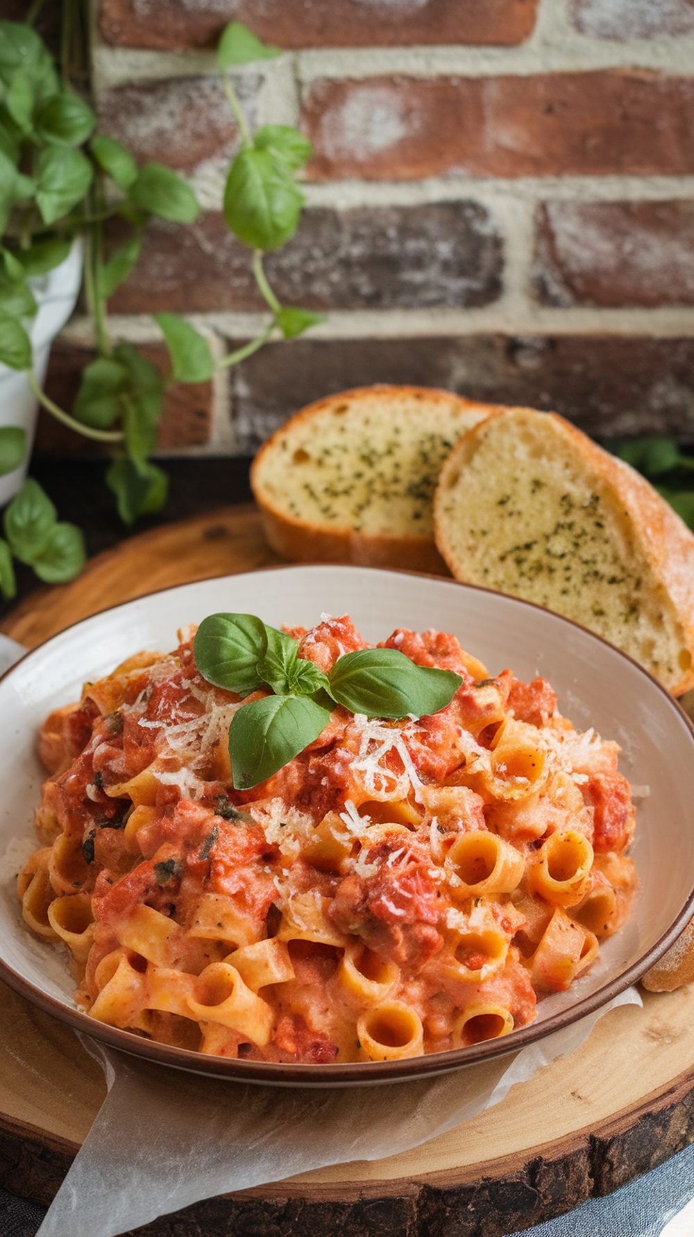 A plate of creamy tomato basil pasta with garlic bread on the side, garnished with fresh basil.