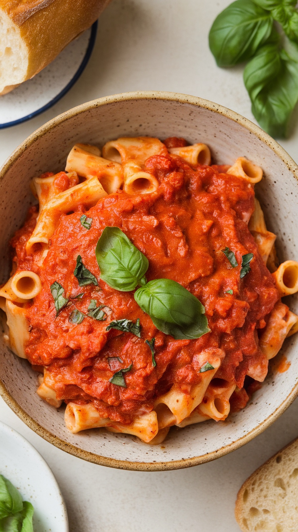 A bowl of creamy tomato basil pasta topped with fresh basil leaves and served with bread.