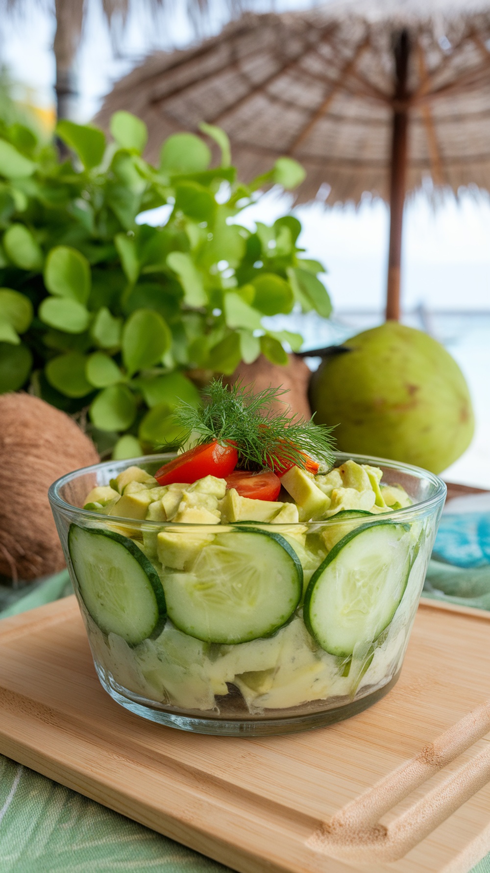 A refreshing cucumber and avocado salad in a glass bowl, garnished with dill and cherry tomatoes.