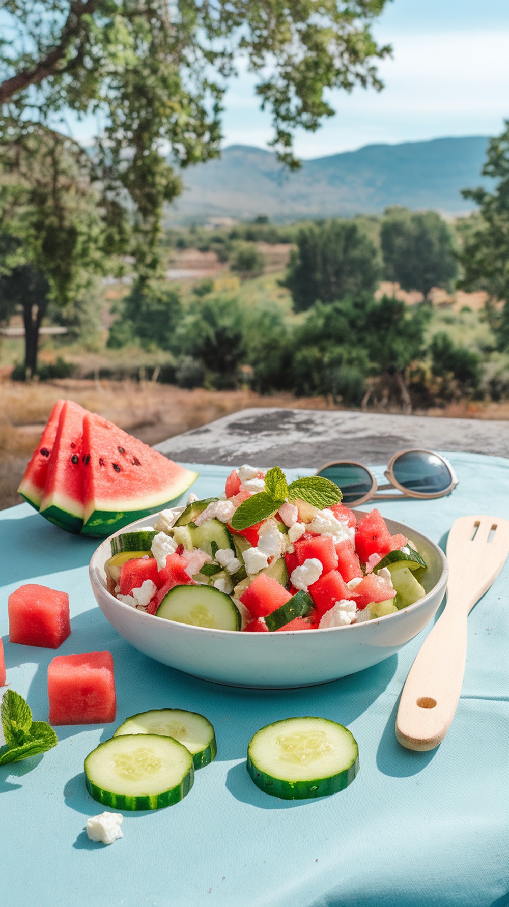 A bowl of cucumber and watermelon feta salad with fresh mint, surrounded by watermelon slices and cucumber rounds, set against a scenic outdoor background.