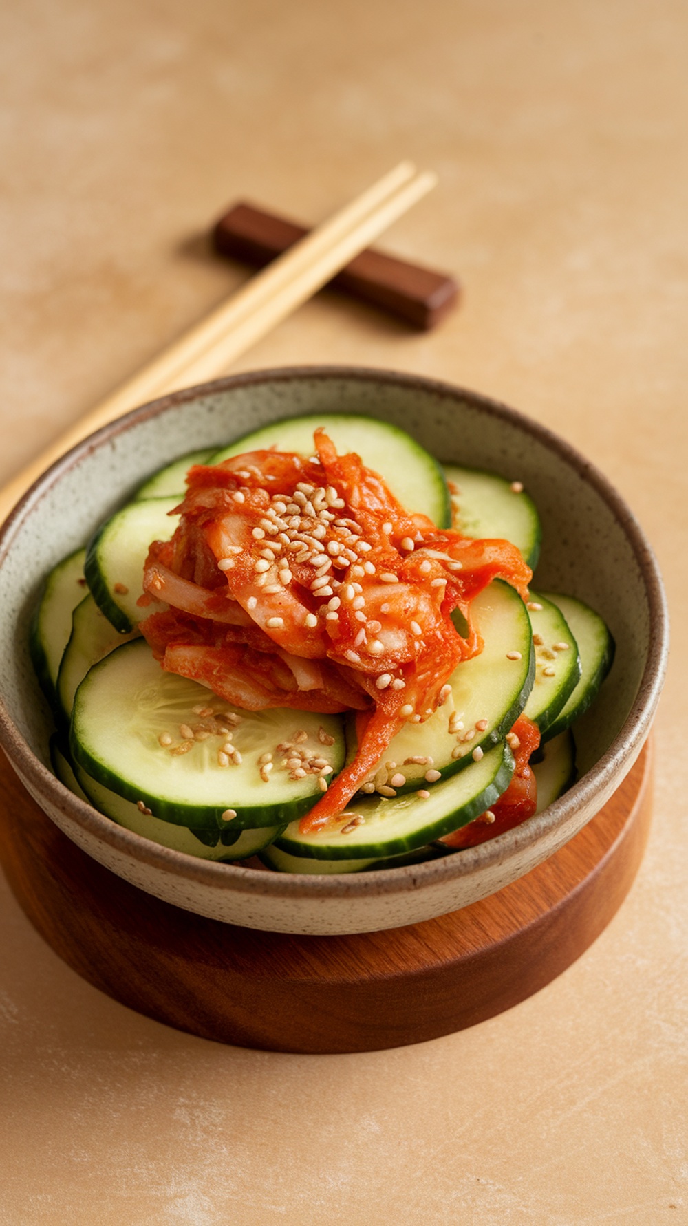 A bowl of cucumber kimchi salad with sliced cucumbers and kimchi on top, garnished with sesame seeds.