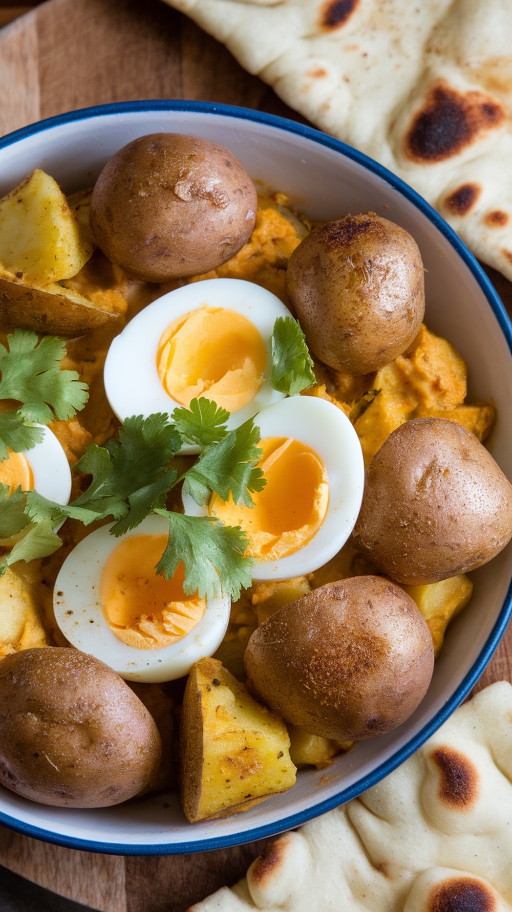 A bowl of curried egg and potato with soft-boiled eggs, potatoes, and cilantro
