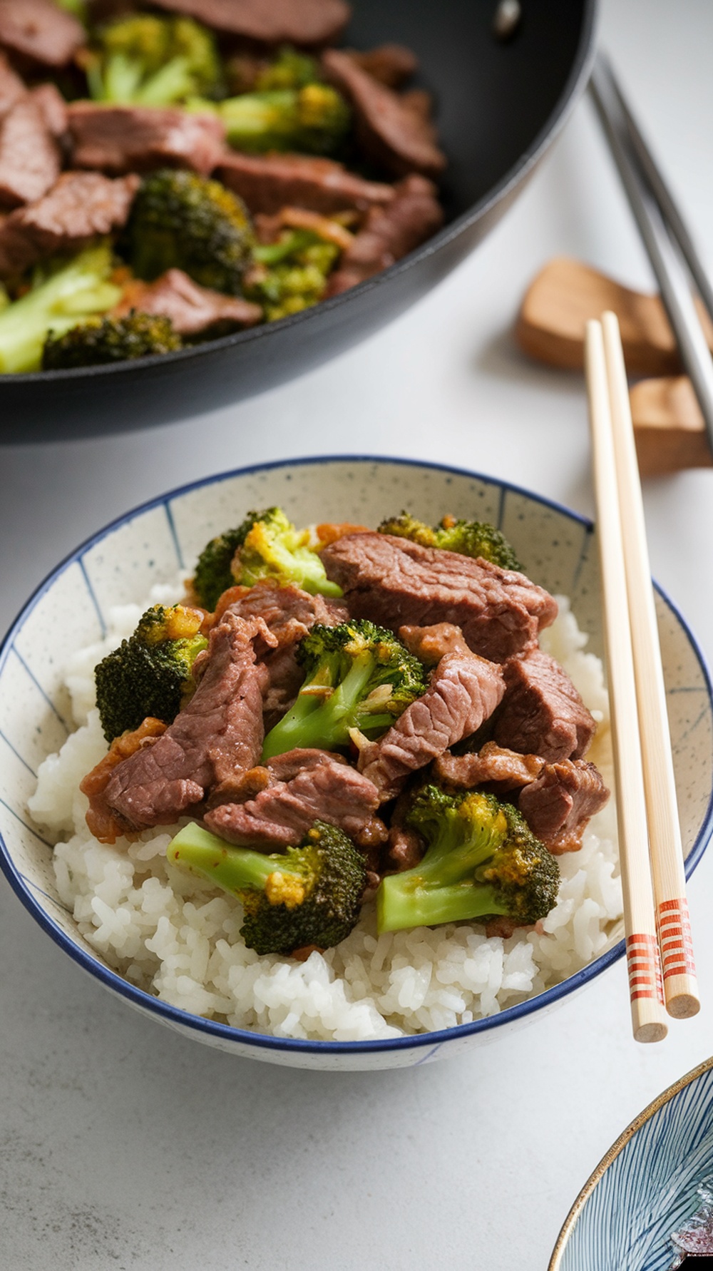 A bowl of beef and broccoli served over rice with chopsticks