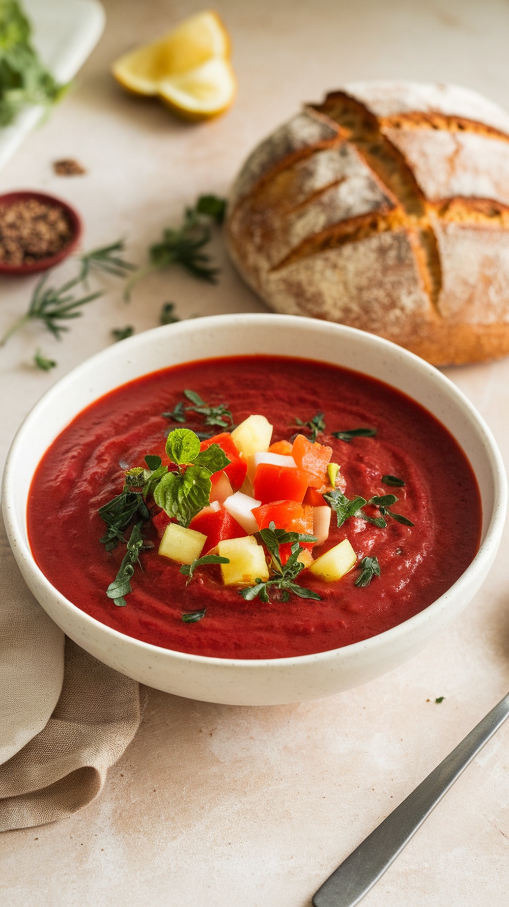 A bowl of gazpacho topped with diced vegetables and herbs, with a loaf of crusty bread in the background.