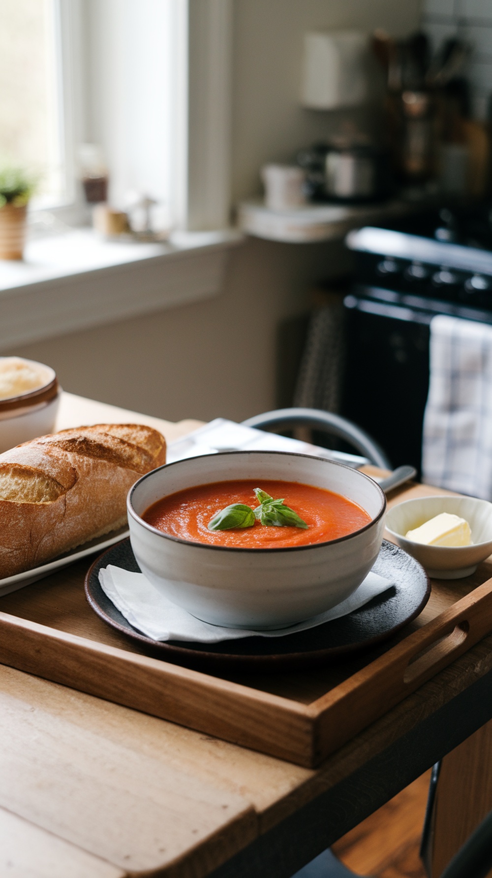 A bowl of tomato basil soup garnished with basil leaves, served with a loaf of bread and butter on a wooden tray.