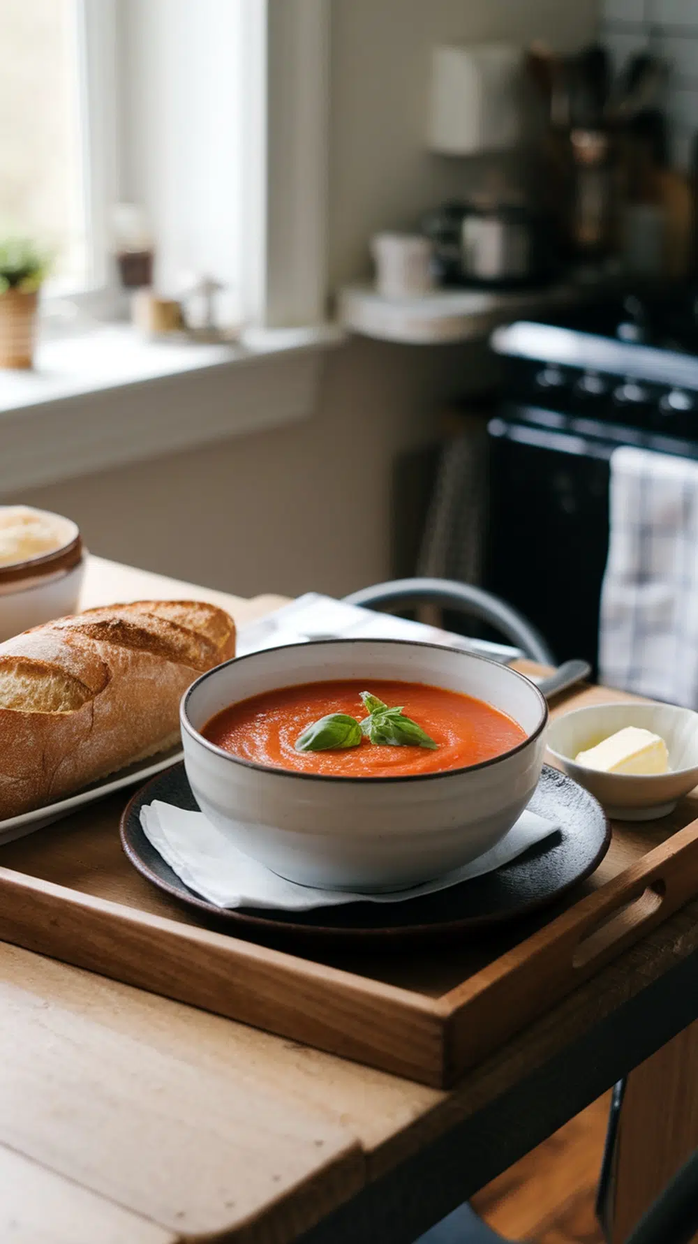 A bowl of tomato basil soup garnished with basil leaves, served with a loaf of bread and butter on a wooden tray.