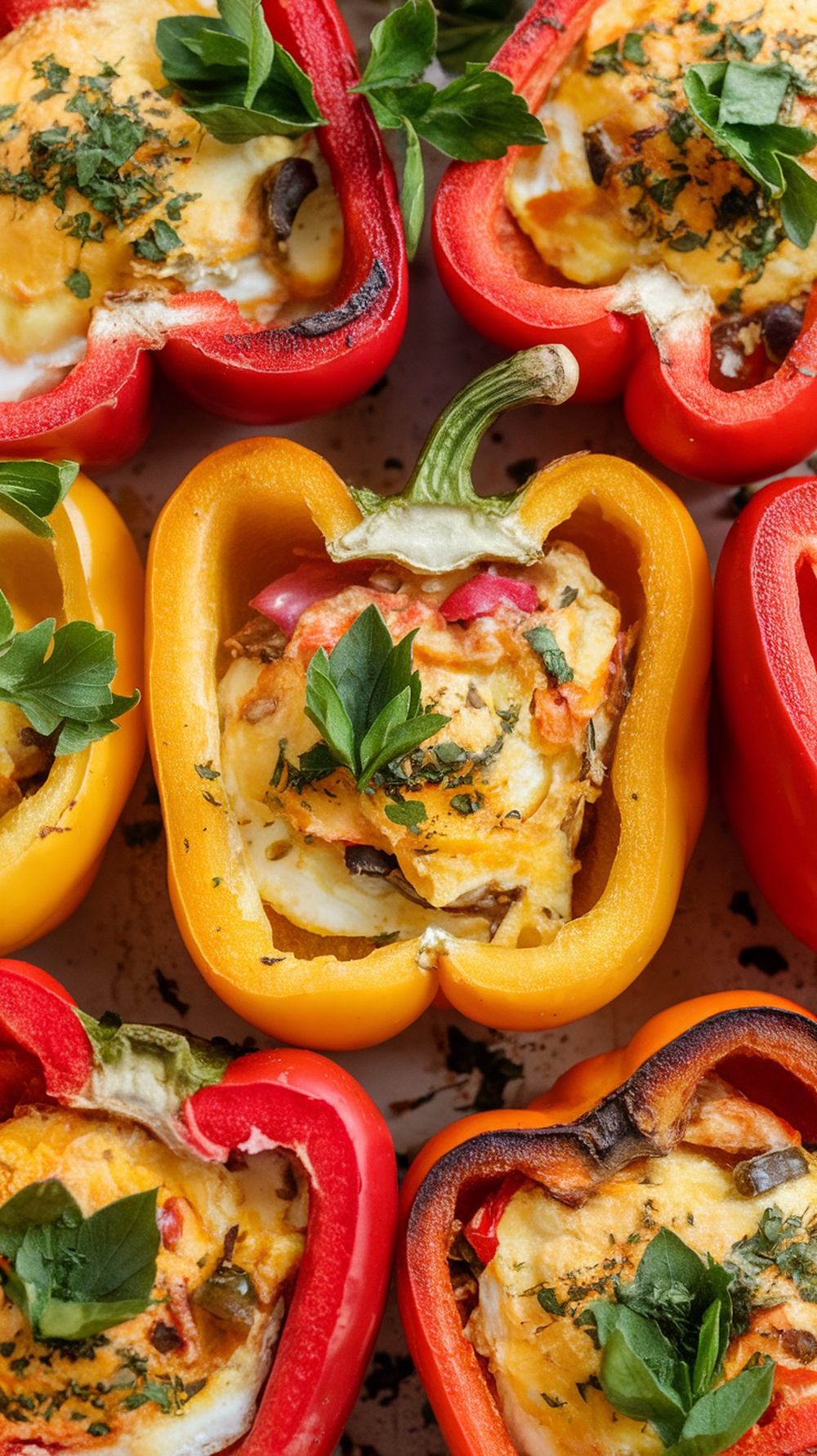 Colorful egg-stuffed bell peppers filled with eggs and vegetables