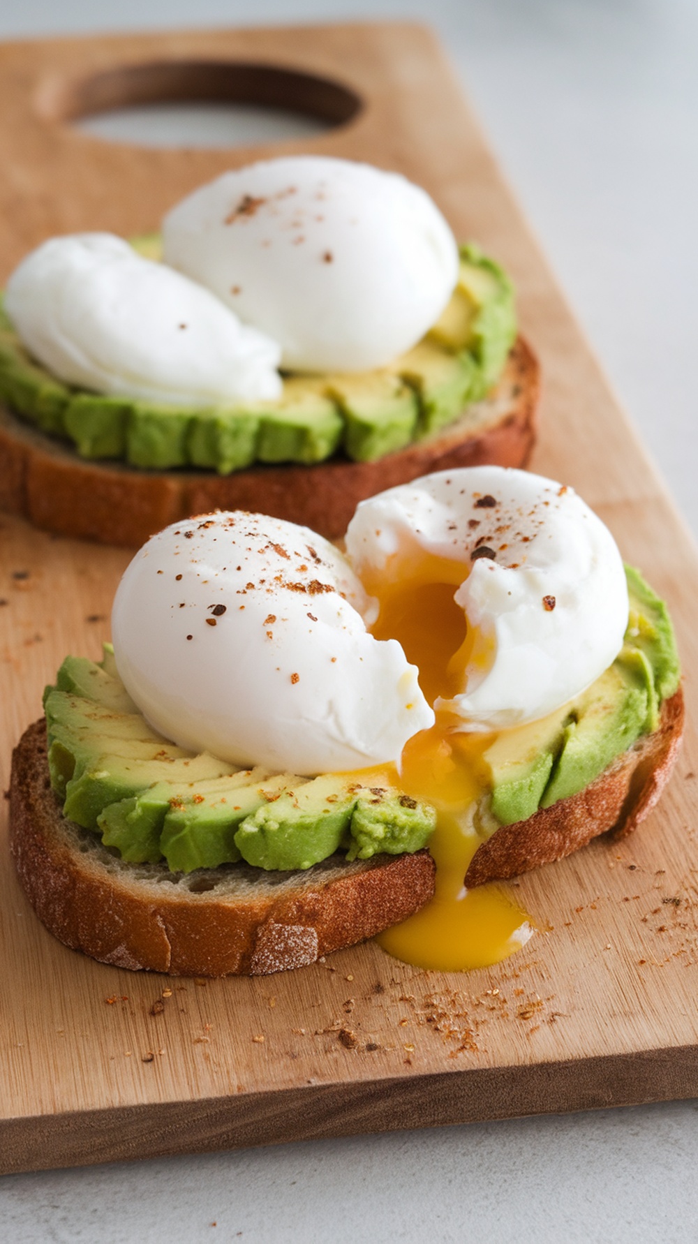Egg and avocado toast with poached eggs on whole-grain bread, garnished with spices.