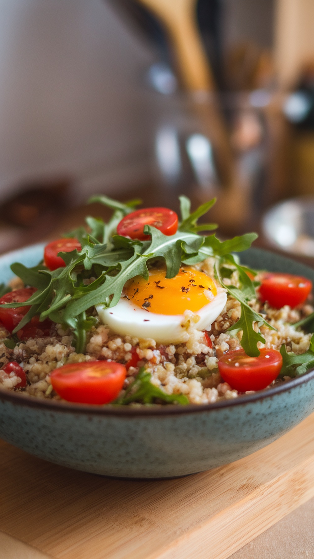 A bowl of quinoa salad topped with a soft-boiled egg, cherry tomatoes, and arugula.