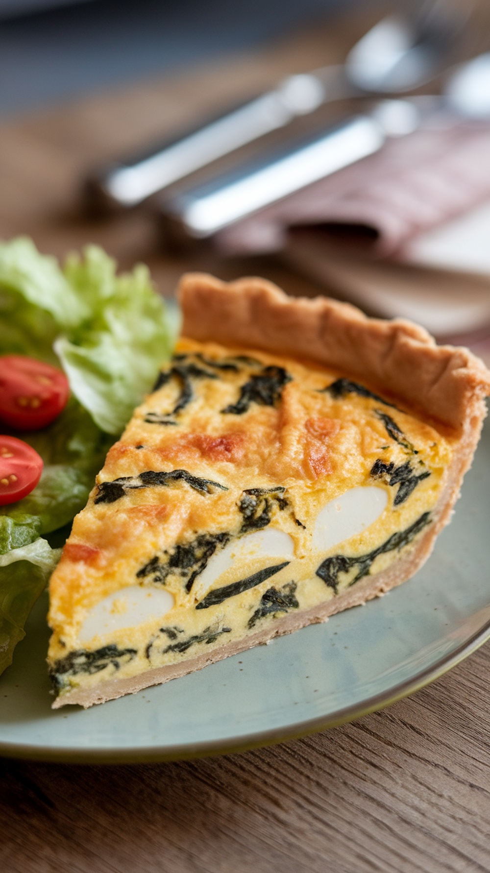 A slice of egg and spinach quiche served with lettuce and cherry tomatoes on a plate.
