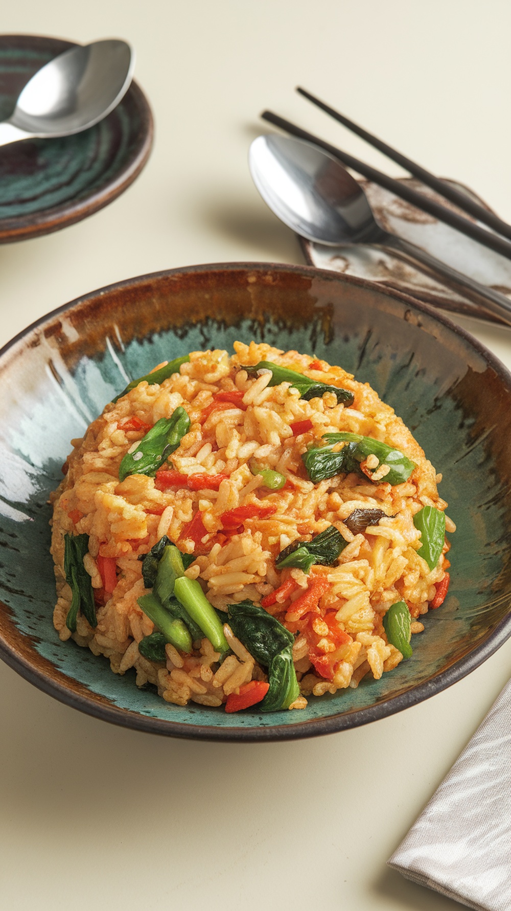 A bowl of egg fried rice with vegetables, featuring colorful bell peppers and greens.