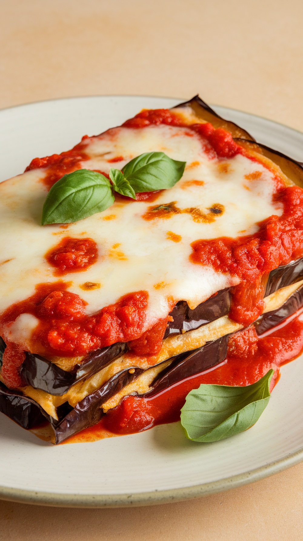 A delicious serving of Eggplant Parmesan topped with marinara sauce and fresh basil.