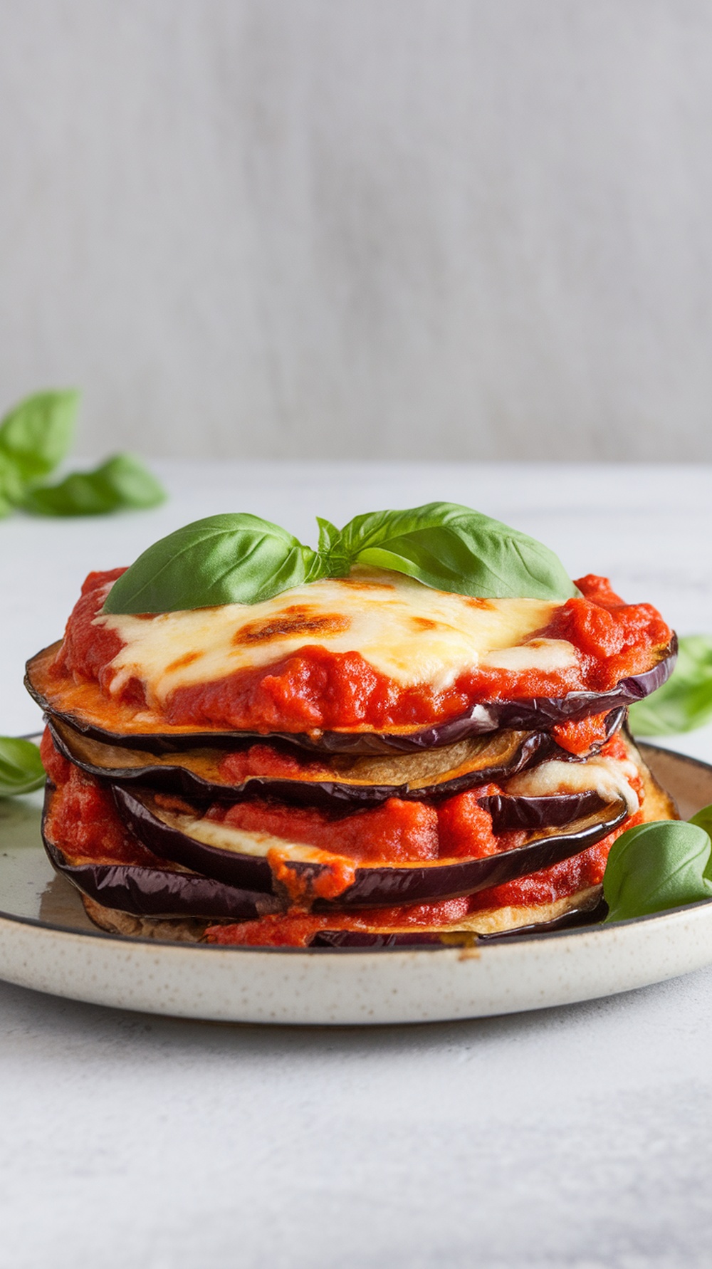 A plate of eggplant parmesan stacks with marinara sauce and fresh basil.