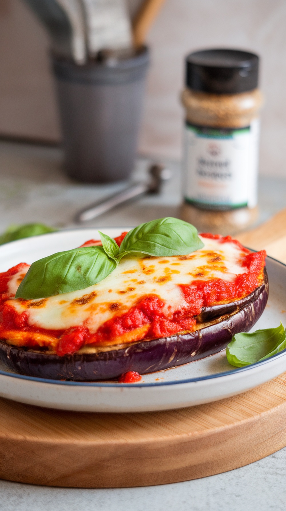 A plate of eggplant parmesan with marinara sauce and fresh basil on top.
