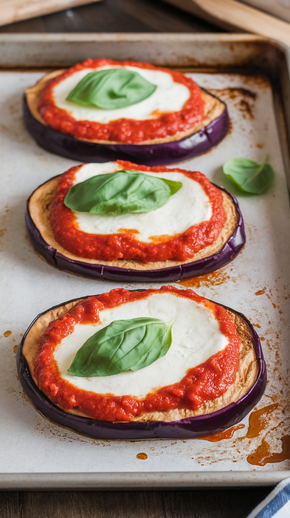 Eggplant pizza topped with mozzarella cheese, marinara sauce, and fresh basil on a baking sheet.