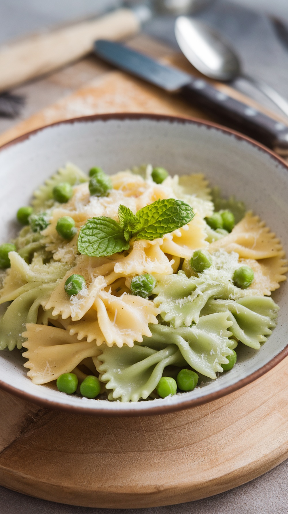 A bowl of farfalle pasta with peas and mint, garnished with cheese and mint leaves.