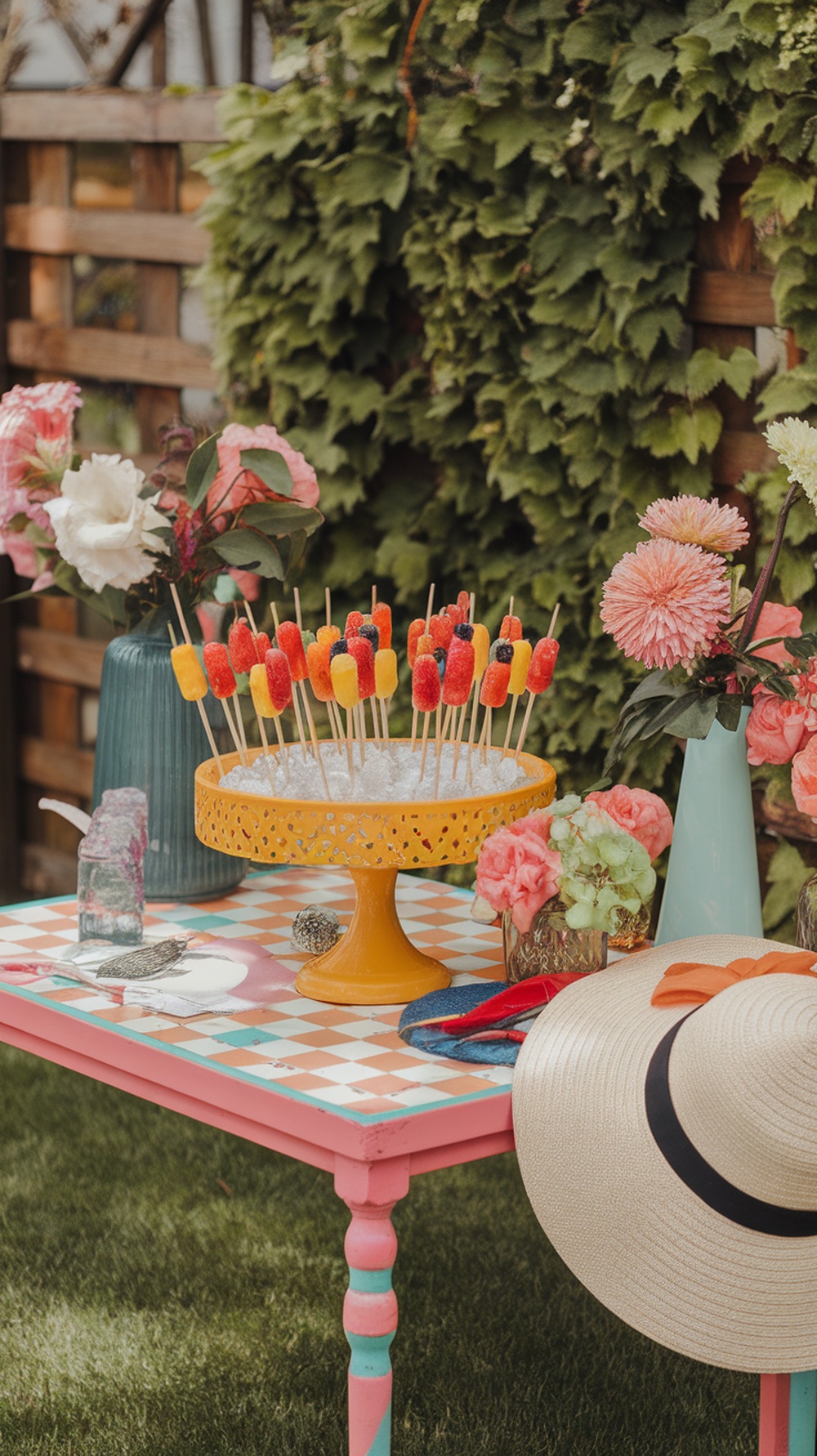 Colorful frozen banana and berry pops displayed on a yellow stand surrounded by flowers.