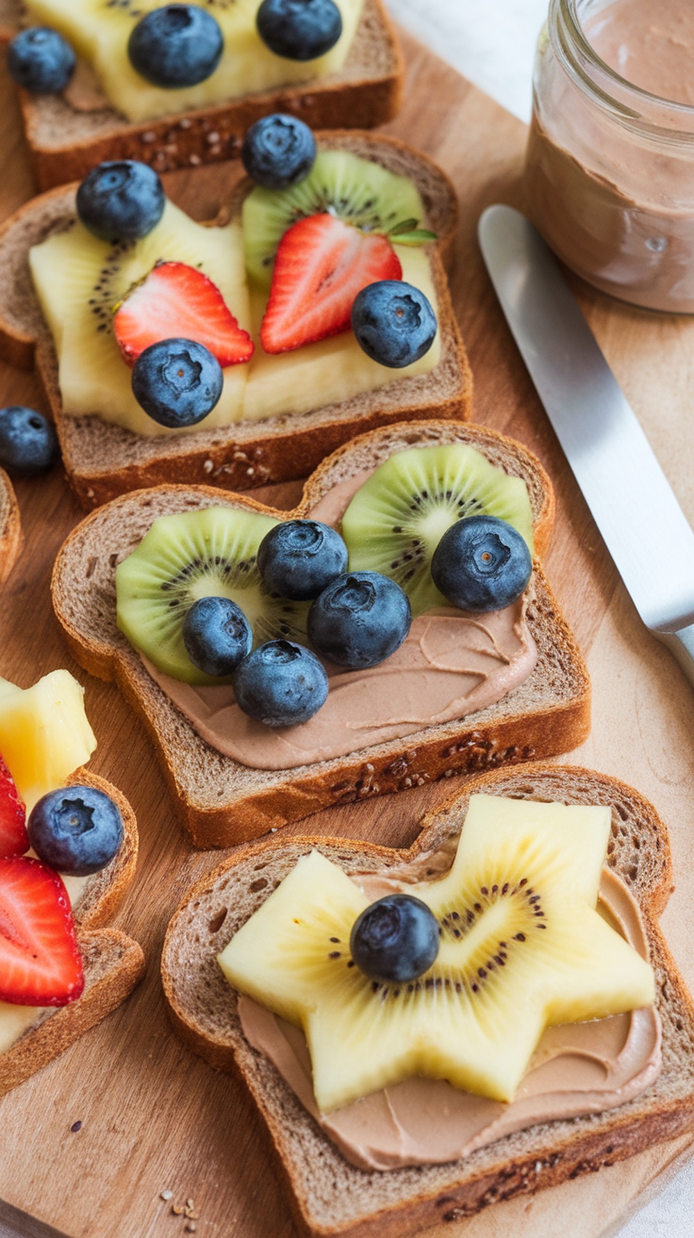Colorful fruit and nut butter sandwiches on whole grain bread, topped with strawberries, blueberries, and kiwi.