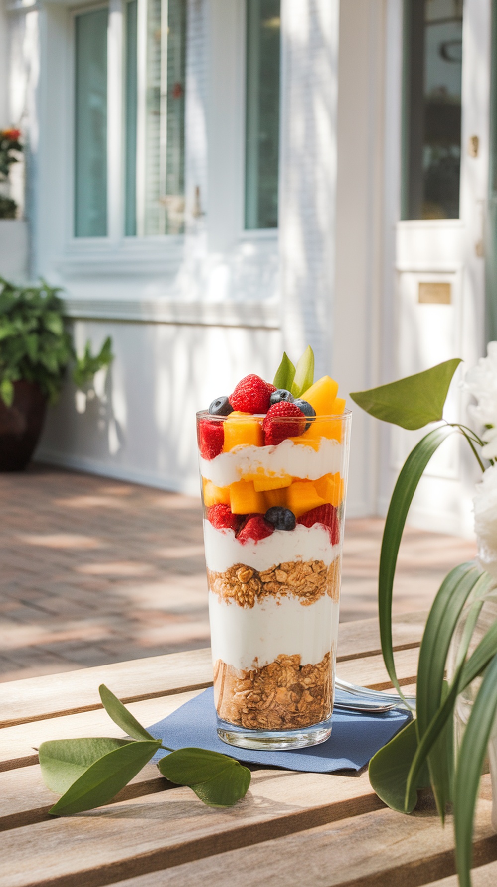 A colorful fruit and yogurt parfait with layers of granola, yogurt, and fresh fruits.