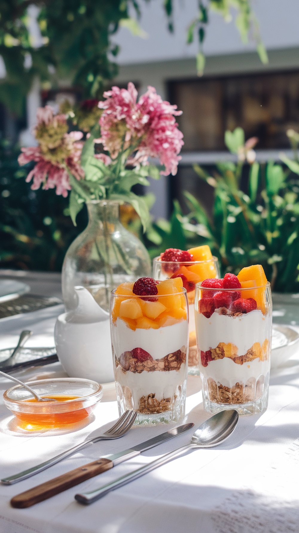 Fruit and yogurt parfaits in glasses with fresh fruit and granola, surrounded by flowers.