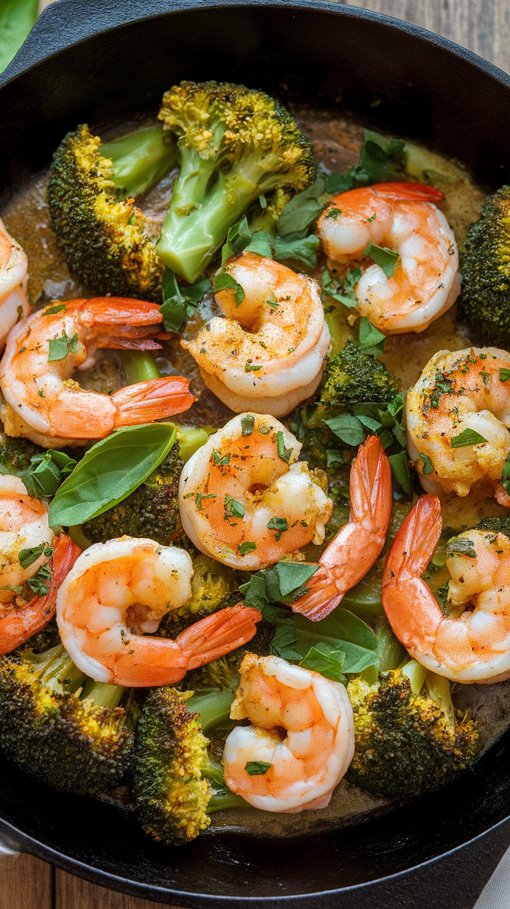 A skillet filled with garlic butter shrimp and broccoli, showcasing vibrant colors and a delicious appearance.