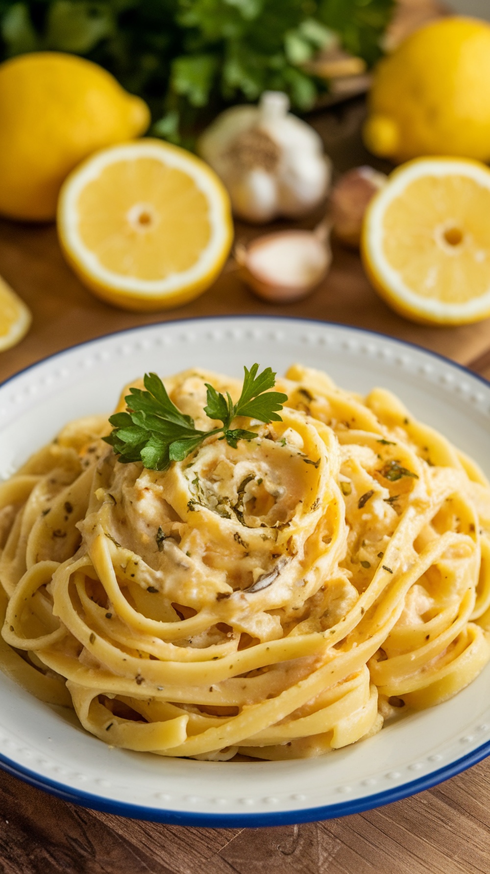 A plate of garlic lemon butter pasta garnished with parsley, surrounded by fresh lemons and garlic.